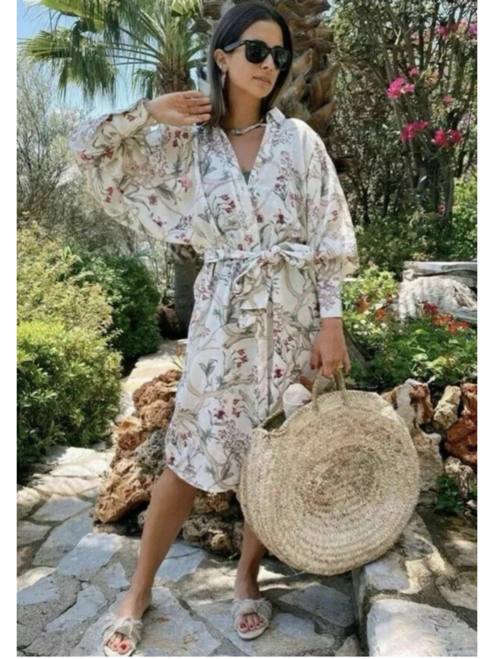 Johanna Ortiz x HM 100% Linen Dress XL Floral Botanical Midi Cream Garden Resort
